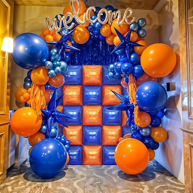 Blue and Orange Square Foil Balloons Wall, Double Sided Chrome Deep Blue and Orange Balloons Tunnel Arch Kit Backdrop for Boys Birthday Graduation Baby Shower blue Birthday Party Decorations