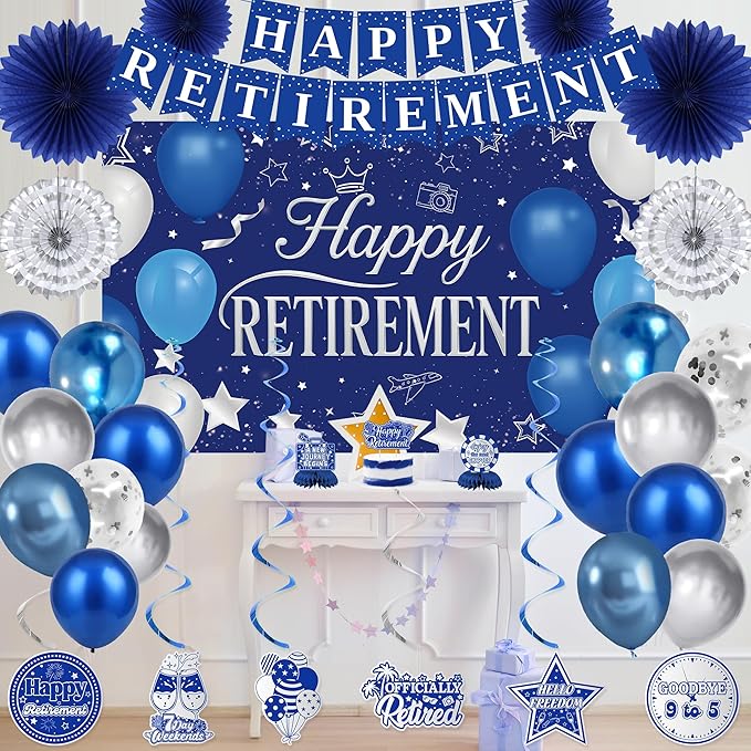 Holkcog Blue Retirement Party Decorations for Women, Silver Blue Happy Retired Banner Backdrop Paper Fan Hanging Swirls for Coworker, I'm Retired Cake Top & Honeycomb Set, Great for Retiring Women