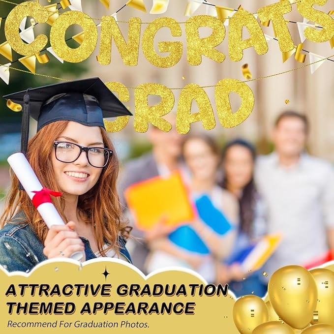 Fulmoon Pre Strung Congrats Grad Banner Glitter Congratulations Banner College Graduation Sign Class of 2026 Grad Party Decorations for High School University Graduation Party Favor(Gold)