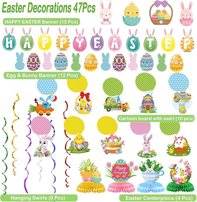 Easter Decorations for Home Decor - 47Pcs Danner Kit, Happy Easter Banners with 3D Bunny Backdrop for Photography Birth Party Favors for Class Office Ceiling Decor Yard Garden Outdoor