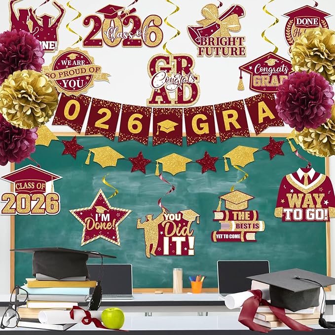 Maroon Graduation Decorations 2026, 2026 Grad Banner and Congrats Grad Hanging Swirls, Maroon and Gold Graduation Banner Graduations Hanging Swirls College Graduations Party Decorations Class of 2026