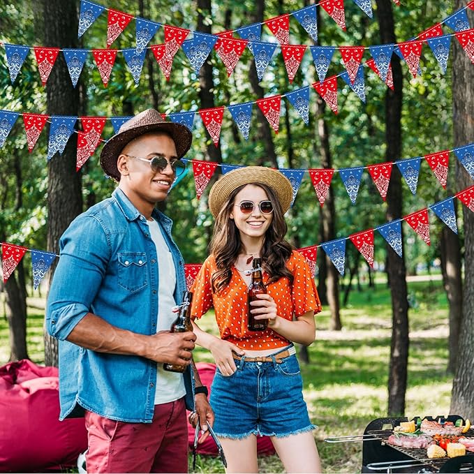 Boao 5 Pack Western Cowboy Party Decorations Bandana Pennant Banner Wild West Decor Western Cowboy Themed Yee Haw Country Party Decoration Supplies 9.8 x 5 ft(Red, Blue)