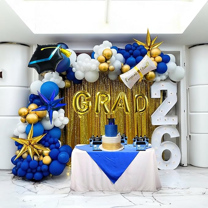 120PCS Graduation Balloon Garland Arch Kit with Graduation Cap Certificate Letter Star Mylar Foil Balloons for Class of 2026 Grad Prom Decorations Supplies (Blue Gold White)