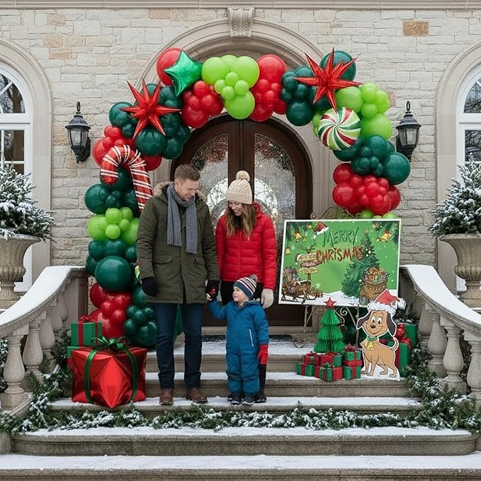 Christmas Balloon Garland Arch Kit with backdrop Xmas Red Green Balloons Candy Cane Gift Box Star Foil Balloons for Christmas New Year Birthday Party Decorations (Red Green)