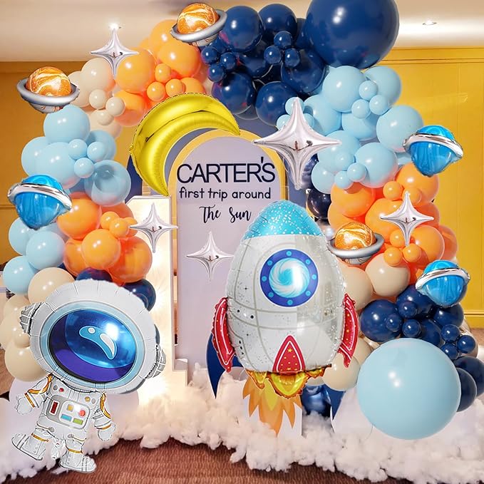 125Pcs Space Themed Balloon Arch Kit Navy Blue Orange Balloon Garland With Silver Tassels Galaxy, Astronaut & Rocket Decorations For Outer Space Parties, Boy Kid Birthday decoration