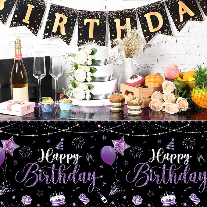 Tudomro 1 Pcs Happy Birthday Tablecloths Happy Birthday Party Decorations Plastic Table Cover Rectangular Cloths for Women Men Baby Shower Party Supplies, 108 x 54 Inch (Black Purple)