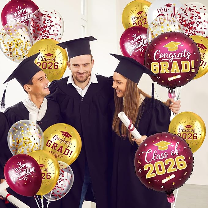 Maroon and Gold Graduation Balloons Graduation Decorations 2026, 51Pcs Grad Latex Balloons and Grad Foil Balloon with Confetti Ribbons Grad Party Decorations for College High School