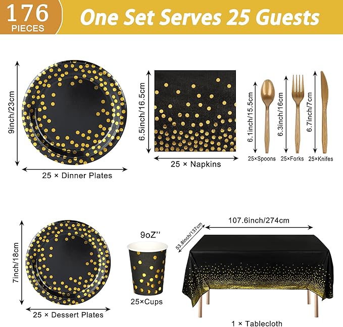 176 PCS Black Gold Party Dinnerware Set Black Golden Dot Disposable Dinnerware Plate Napkins Cups Gold Plastic Forks Knives Spoons Tablecloth Party Supplies Birthday Graduation New Years