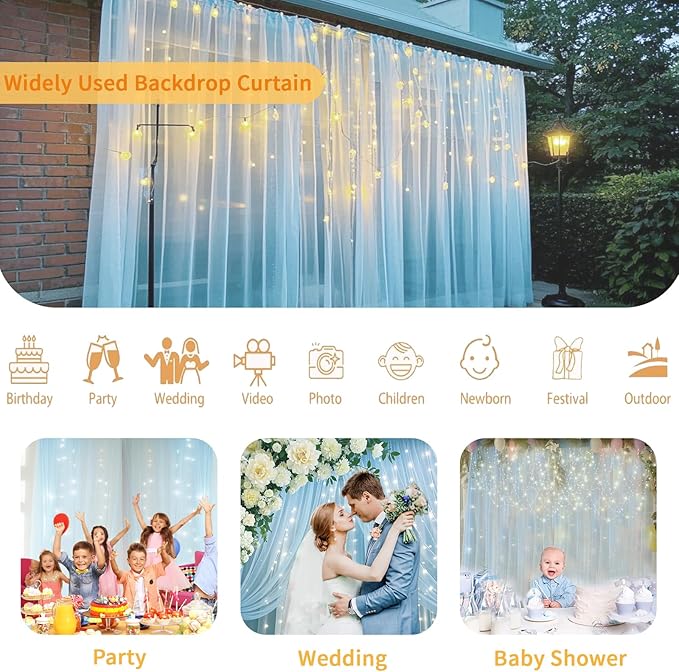 Baby Blue Backdrop Curtains for Baby Shower Decorations 10×8FT Tulle Backdrop Curtain with Lights for Boy Parties Elephant Birthday Party Photo Shoot Backdrop Background Decorations (2 Panels 4×10ft)