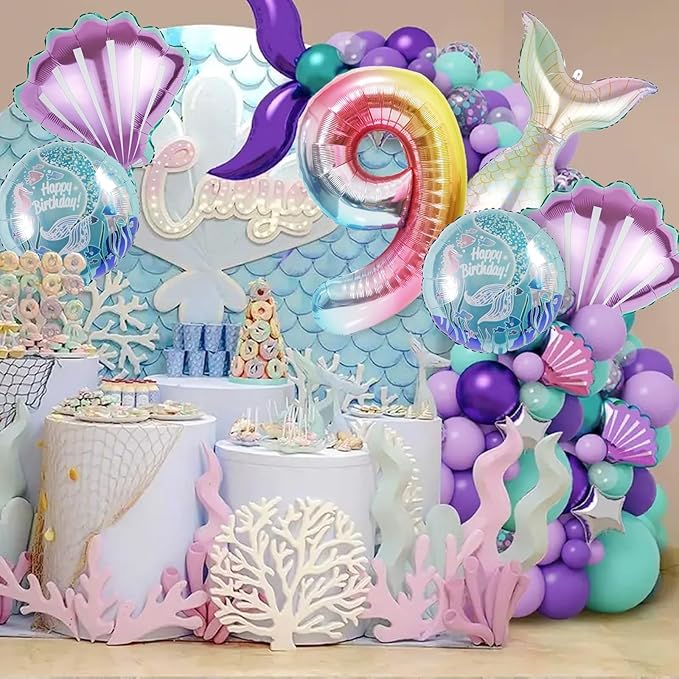 Mermaid Birthday Decorations Mermaid Balloons - Number 9 Balloons for Girls Under The Sea Mermaid Theme Baby Shower Birthday Favors