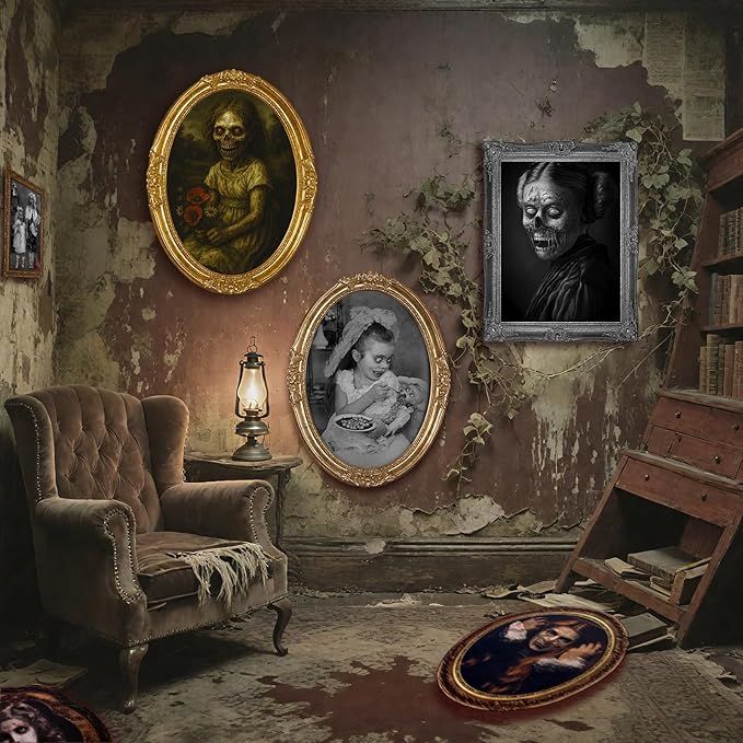 Scary Halloween Party Decoration Indoor Home Wall Decor, 3D Changing Face Moving Picture Portrait Frame, for Horror Spooky Party Supplies Castle Haunted House Decor(Style C, 6 Pieces)