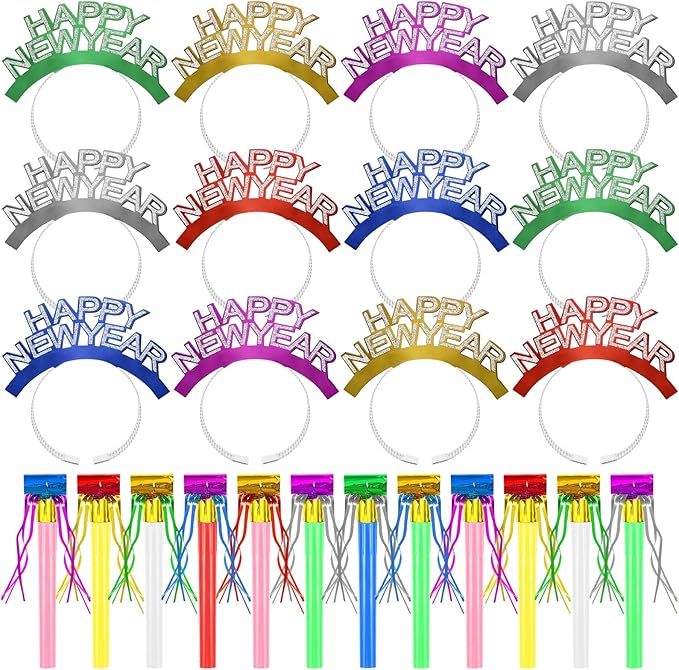 Openfly New Years Eve Party Supplies 2026 Happy New Year Headband Tiara New Year Fringed Noise Makers Party Favors