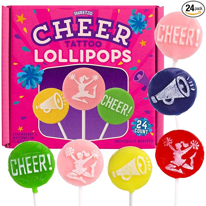 Cheer Tattoo Lollipops, Team Party Favor Candy Gifts, Individually Wrapped Suckers, Pack of 24