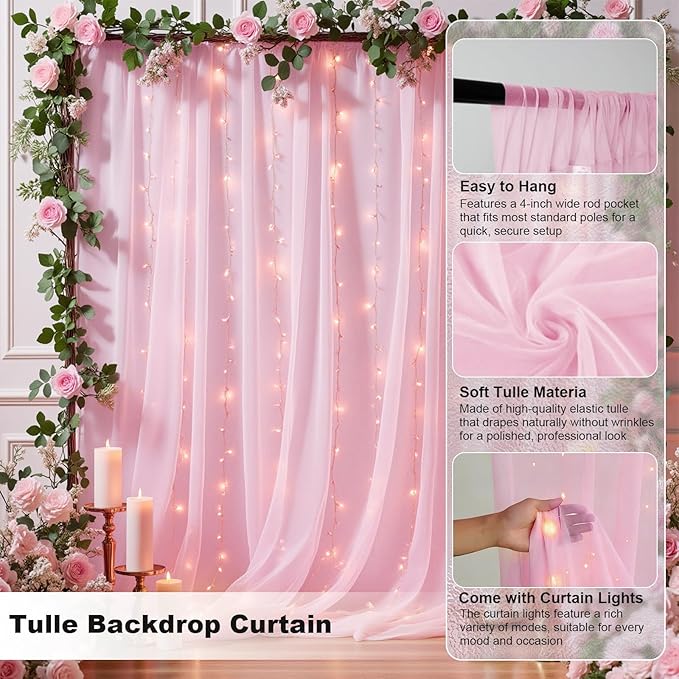 Pink Tulle Backdrop Curtain with String Lights, 2 Panels 5×8FT Sheer Wrinkle-Free Pink Backdrop Drapes for Wedding, Bridal Shower, Birthday, Baby Shower, Princess Party & Photo Booth Decorations