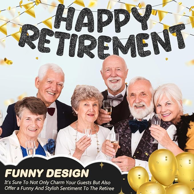 Fulmoon Pre Strung Happy Retirement Banner Glitter Retirement Sign Funny Official Retired Decor Party Decorations Supplies for Men Women Gifts (Black)
