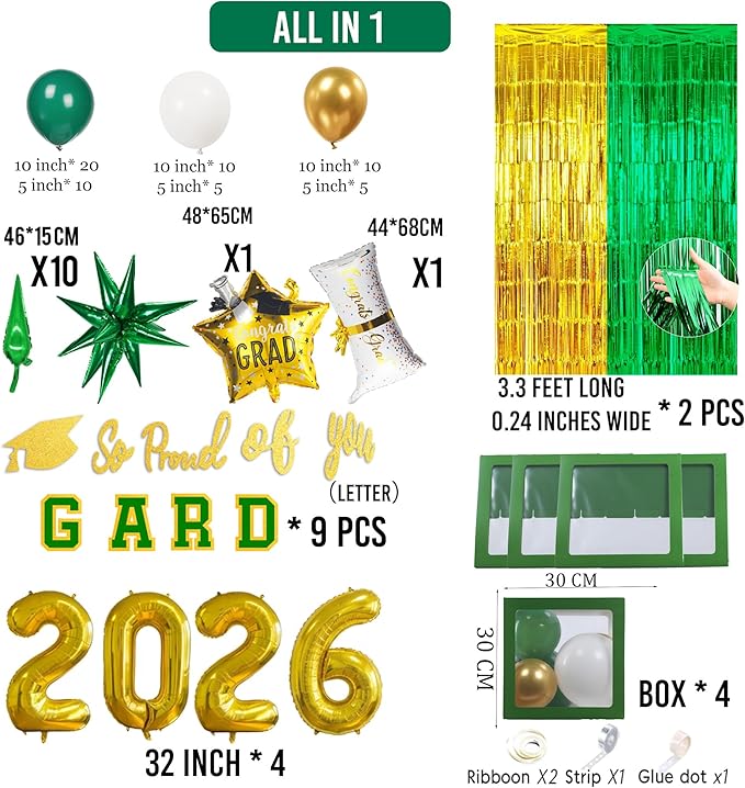 Green Graduation Decorations 2026 Set of 4 GRAD Balloon Boxes with Balloon Arch Garland Kit mylar balloons Fringe Curtain So Proud of You 2026 prom Graduation Decorations