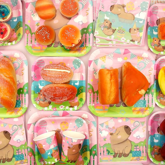 Pink Capybara Party Decoration - Capybara Birthday Party Tableware Supplies Includes Plates, Cups, Napkins, Tablecloth, Straws (40)