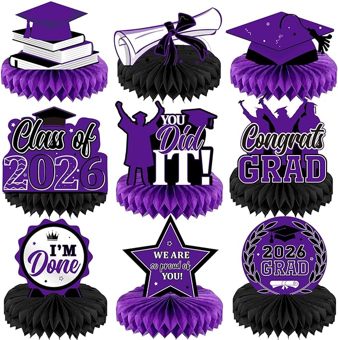 Yisong 9 Pieces 2026 Graduation Party Table Decorations Class of 2026 Congrats Graduation Centerpieces for Tables Congratulate Honeycomb Centerpiece Topper for Grad Party Supplies (Purple)