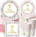 Pickmesh 250 Pcs Pink First Holy Communion Disposable Tableware Set God Bless Baptism Disposable Paper Plates Napkins and Cups for Girls Christening Celebration Baby Shower Religious Supplies Serve 50
