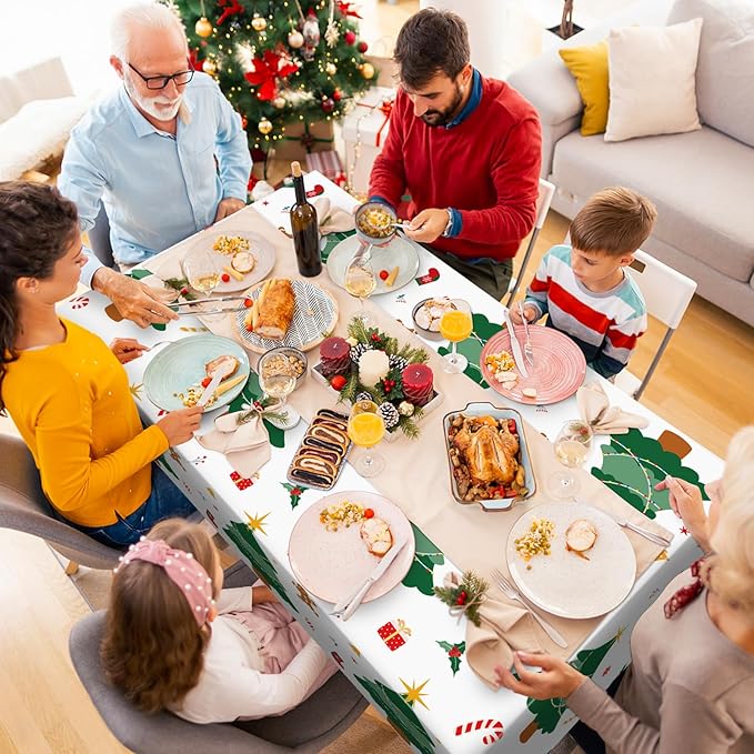 2 Pack Christmas Tree Tablecloth 54"x108" Disposable Plastic Waterproof Table Cloths Rectangular Table Cover for Merry Christmas Picnic Camping Outdoor Birthday Party Supplies