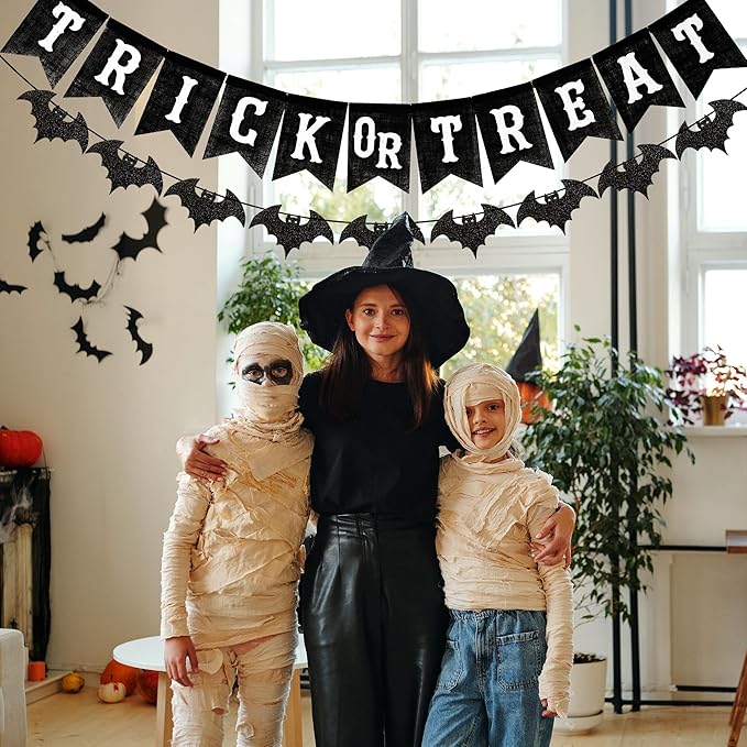 Black Trick or Treat Burlap Banner with Glitter Bat Garland,Halloween Mantel Fireplace Decorations,Pre-Strung Halloween Bunting for Wall Porch Party Indoor Outdoor Decor