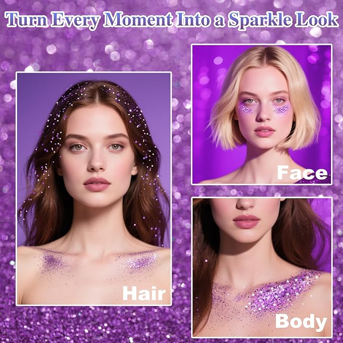 Purple Hair Glitter Stick, Mardi Gras Outfit for Women,Purple Body Face Glitter,Rave Mardi Gras Accessories Carnival Chunky Glitter Sequins,Waterproof Shimmer Body Paint for Festival