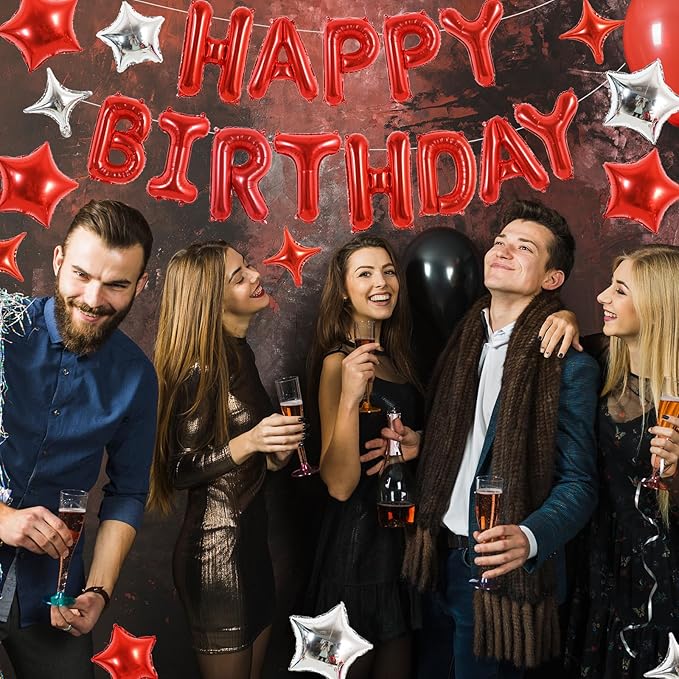 TONIFUL 35PCS Red Happy Birthday Decorations Kit 16 Inch Happy Birthday Balloon Banner with Star Balloons Mylar Foil Birthday Party Decorations Supplies for Men Women Adults Girls Boys Kids