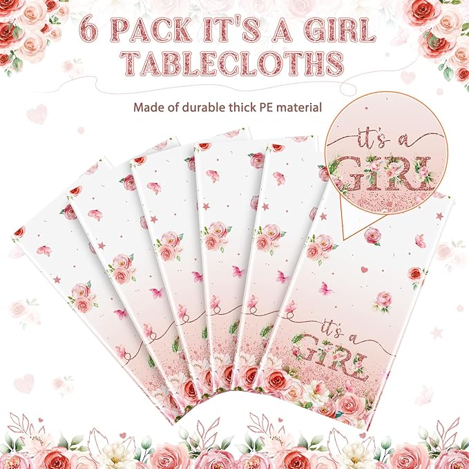 6 Pack Floral Baby Shower Tablecloth, It's a Girl Decorations, Pink Flower Party Backdrop, Plastic Disposable Table Cloth for Girl
