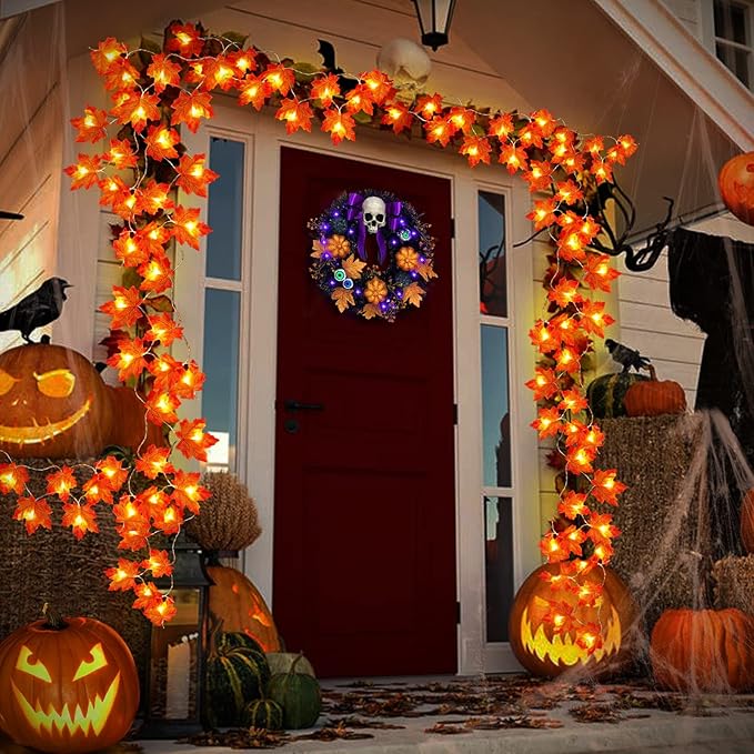 Timer&3 Pack-30Ft Fall Garland Fall Decorations for Home, 60LED Fall Lights Patented Realistic Maples Leaf Garland Battery Operated Waterproof Indoor Outdoor Christmas Thanksgiving Halloween Decor