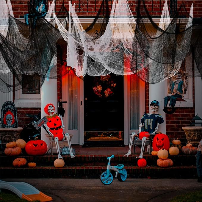 6 Pack Halloween Decorations Indoor Outdoor, Halloween Decor Creepy Cloth Spooky Scary Gauze for Halloween Party Supplies Home Tree Wall Doorway Yard Garden Skeleton Decor (Black+White, 30"x 72")