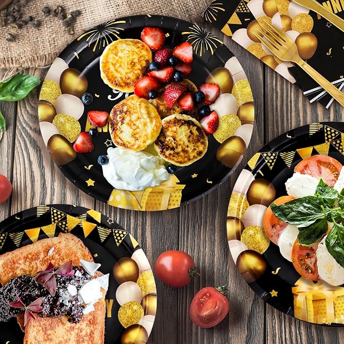 168Pcs Black and Gold Party Supplies Tableware Set Happy Anniversary Plates, Knife,Forks,Spoons, Cups and Napkins Table Decorations for Anniversary Wedding Birthday Party Decorations, 24 Guests