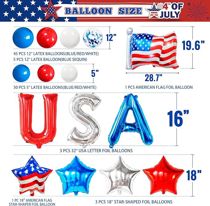 Party Spot! 272 pcs 4th of July Birthday Party decorations,16 Tableware Sets,“USA” Balloons, Paper Plates, Patriotic Party Decorations, Independence Day Party Decoration, Tablecloth, Flag