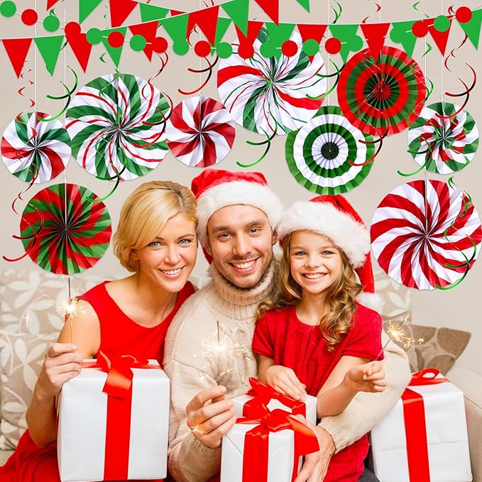 Outus 25 Pcs Christmas Party Decorations Supplies Merry Christmas Party Banner Green Red White Xmas Paper Fans Flower Pom Poms Hanging Swirls Pennant Circle Dots Garland for Xmas Birthday Decor