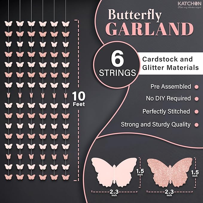 KatchOn, Rose Gold Hanging Butterfly Garland - Pack of 6 | Butterfly Wall Decor & Birthday Banner for Girls | Butterfly Birthday Decorations for Women, Baby Shower, Wedding, Bridal Shower