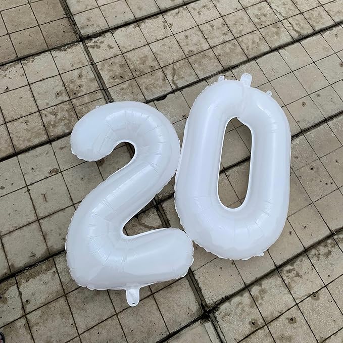 White Number 20 Balloon 40 inch, 20 Number Balloons, 20th White Birthday Decorations for Girls Boys 20 Year Old Party Supplies