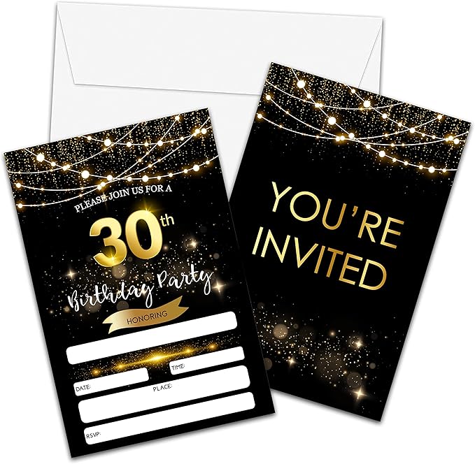 30th Birthday Invitations with Envelopes - Black Gold Glitter Fill-in Invites Cards - Surprise Birthday Party Invitation Card for Him/Her - Adults Birthday Party Favors Supplies Decorations (20 Pack)
