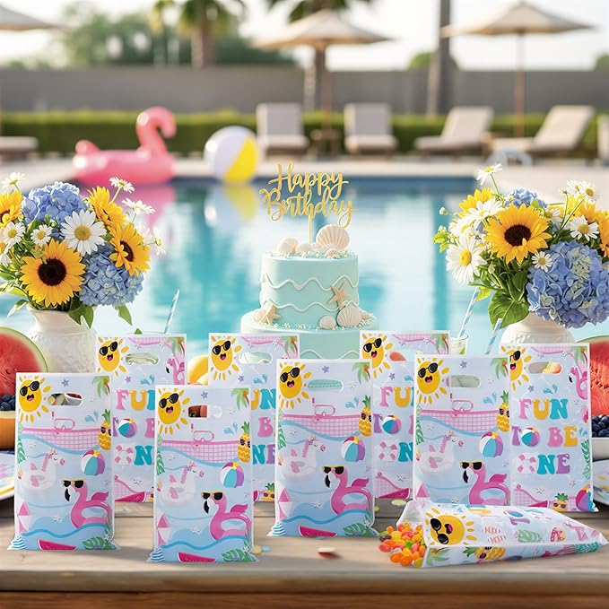 Summer Pool Party Favor Bag - 50Pcs Beach Fun to Be One Goody Candy Treat Gift Bag Summer Flamingo Beach 1st Birthday Party Decoration for Kid Girl First Birthday Hawaiian Swimming Pool Event Supplies