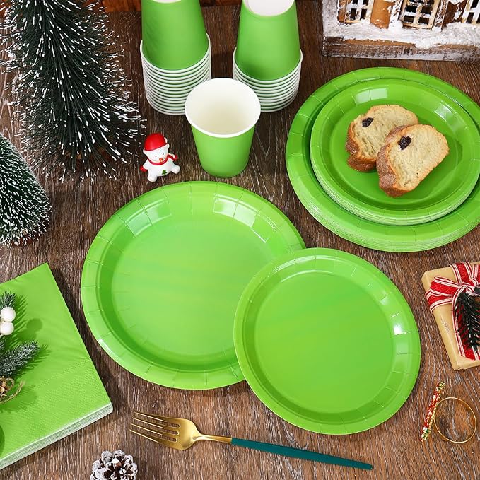 Whaline 100 Pcs Christmas Tableware Set Lime Green Disposable Dinnerware Set 50 Pcs Paper Plates 25 Pcs Napkin 25 Pcs Cups for Xmas Winter Birthday Party Supplies Table Decor