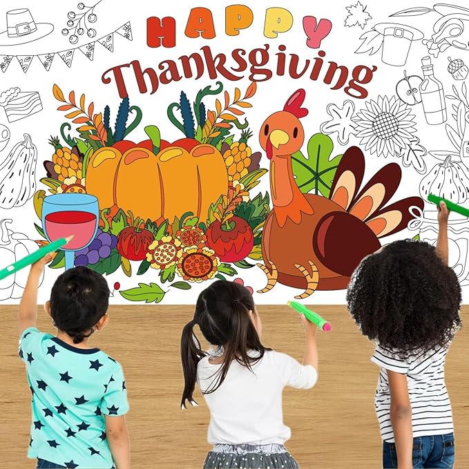 30 x 72 Inches Thanksgiving Giant Coloring Poster/Tablecloth, Paper Table Cover, Jumbo Paper Coloring Banner Games Activities for Kids Gifts, Thanksgiving Party Decorations