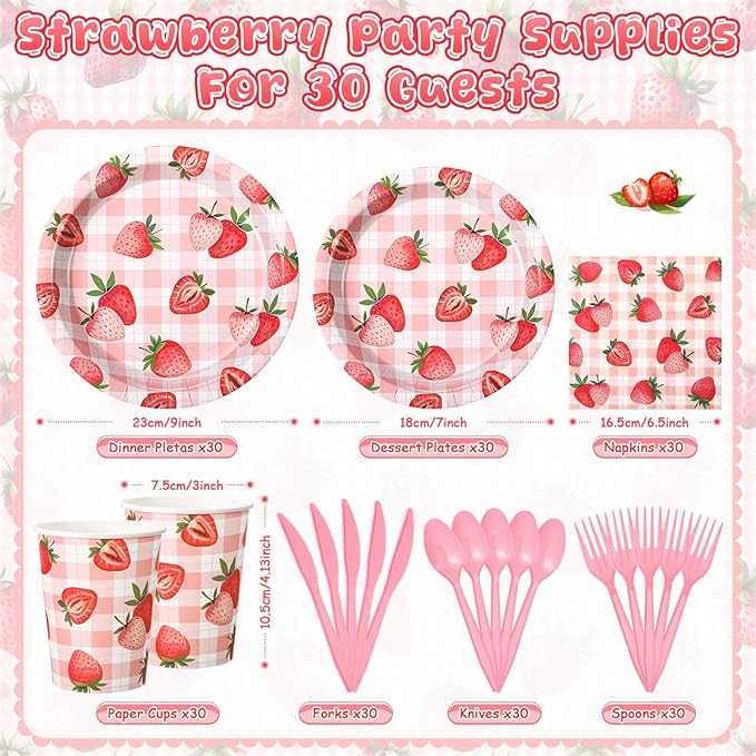 Honeydak 210 Pcs Strawberry Party Supplies for 30 Guests, Includes Plates, Cups, Napkins, Cutlery - Strawberry Birthday Tableware Decoration for 1st Birthday, Summer Fruit Party