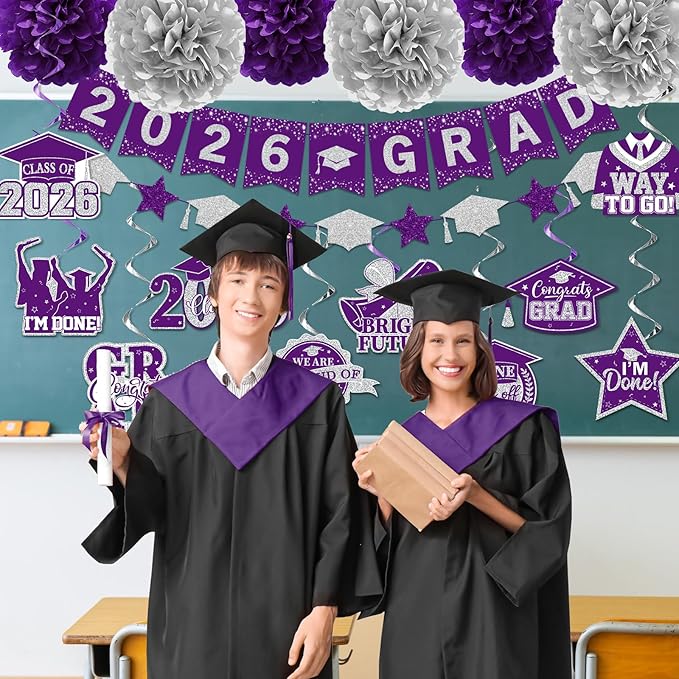 Purple Graduation Decorations 2026, 2026 Grad Banner and Congrats Grad Hanging Swirls, Purple and Silver Graduation Banner Graduations Hanging Swirls College Graduations Decorations Class of 2026