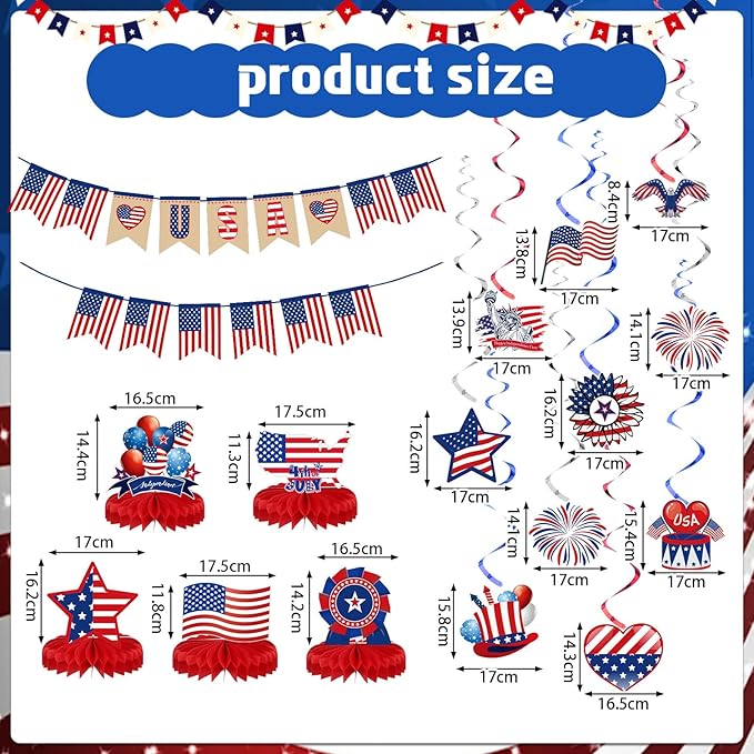 Blosssound 27 Pcs 4th of July Decorations Set Patriotic Party Decor American Flag Banner USA Hanging Swirls Independence Day Honeycomb Table Centerpieces for USA Office Home Memorial Day Supplies