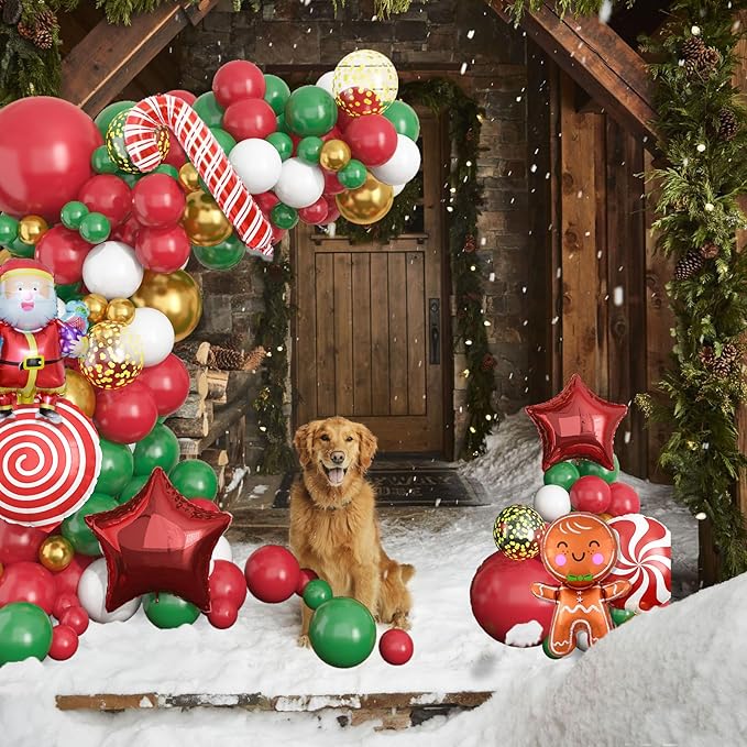 Christmas Balloon Garland Arch Kit, Christmas Red White Green Balloons with Santa Claus Gingerbread Lollipop Cane Windmill Star Foil Balloons, Metalic Gold Balloon for Xmas Party Decorations