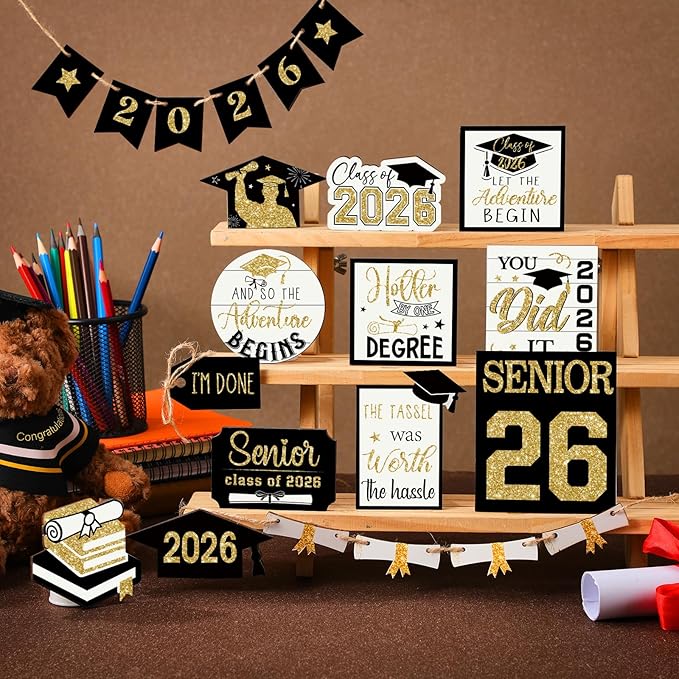 22 Pcs 2026 Graduation Tiered Tray Decor Sets Wooden Graduation Class of 2026 Table Decorations Senior 2026 Gown Diploma Farmhouse Signs for Home Shelf Party Office Desk(Black Gold)