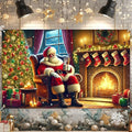 Christmas Banner Santa Claus Fireplace Tree Holiday Wall Decoration Warm Cozy Living Room Scene Background Indoor Outdoor Party Decor for Home 71 X 43 Inches