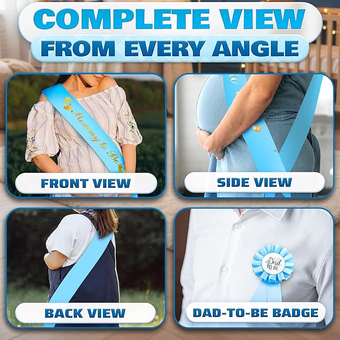 Baby Shower Sash for Mommy - Blue Glossy Satin with Gold Glitz Letters Mom to Be Baby Shower Decorations Boy for Cute Appearance - Mommy to Be Sash with Dad to Be Pin, Gender Reveal Party Gifts