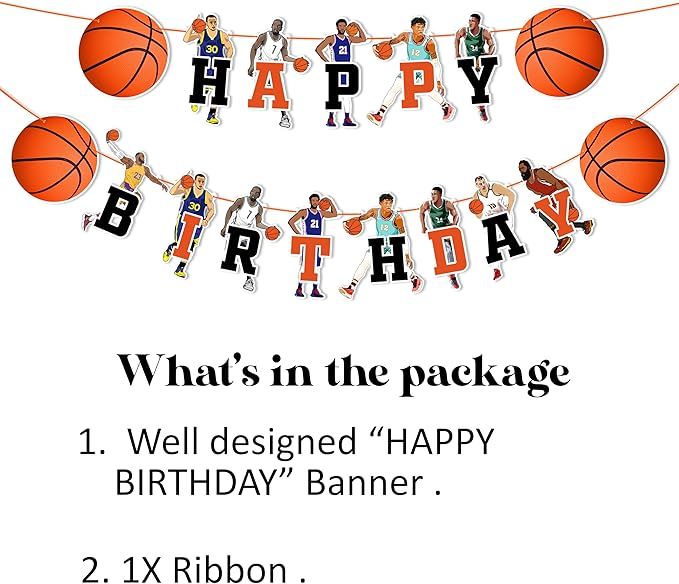 "Basketball Happy Birthday Banner – Sports Themed Party Decorations for Adults – Slam Dunk Basketball Birthday Party Supplies – Backdrop for Dessert Table, Cake Smash, High Chair, and Team Celebrations"