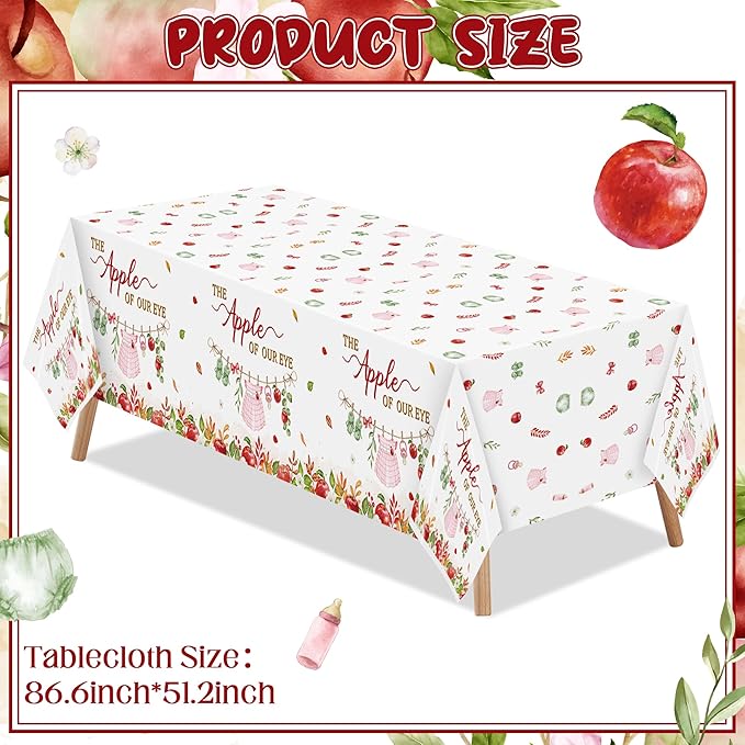 K1tpde Apple Baby Shower Tablecloth - 3PCS The Apple of Our Eye with Watercolor Flower Plastic Tablecloth, Disposable Sweet Baby Tablecover, Spring Floral Party Supplies for Birthday Decorations