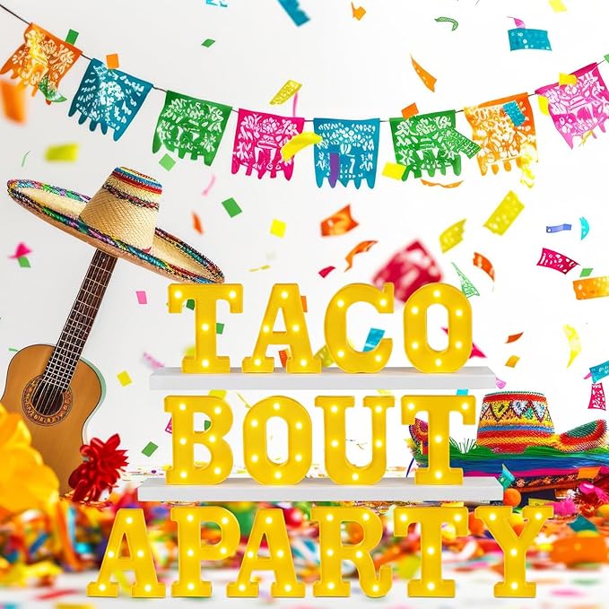 Honoson 14 Pcs Taco Bout a Party Light Decorations Fiesta Cinco De Mayo Decorations Mexican LED Light up Sign Table Decoration for Mexican Taco Twosday Bout Bachelorette Party Home Bar Decor