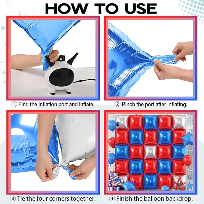 Blue Red Square Balloon Foil, 25PCS Double Sided Royal Blue Red and Metallic Silver Square Foil Balloon Backdrop Wall for 4th of July Independence Day Memorial Day Baseball Sport Birthdays Graduation
